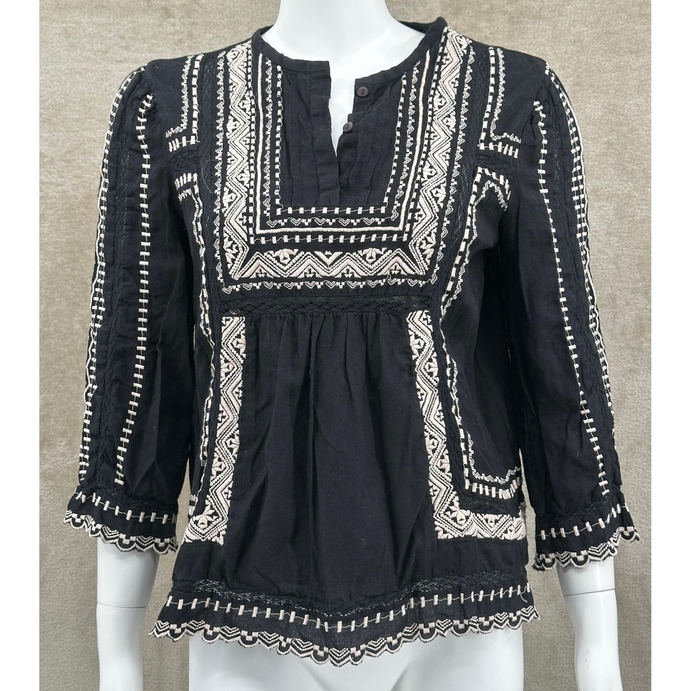 Rebecca Taylor Top Womens 6 Black Embroidered Boho Peasant 100% Cotton Feminine